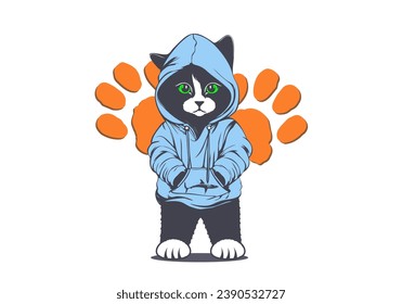 Vector street serious bandit puss in a blue hoodie, paws in his pockets and green eyes. Cat cartoon portrait. White isolated background.