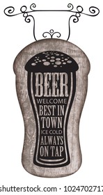 Vector street signboard or a banner for a beer with overflowing beer glass with the words on the theme of beer on a wooden background in retro style.