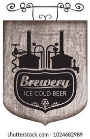 Vector street signboard or banner for ice cold beer with a lettering and hops and image of brewery production line and brewing equipment on a wooden background in retro style.