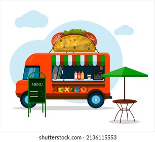 Vector street truck with Mexican food. Flat cartoon illustration of van selling taco, nachos at fairs, street, Park, festival. Outdoors stall with fast food in city. Ethnic menu for Cinco de mayo