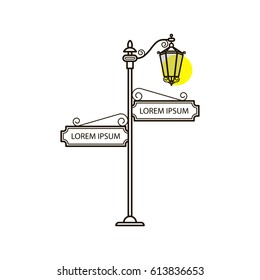 Luz de calle vectorial en estilo plano con signo. Luz exterior vintage. Iluminador exterior con puntero. Publicidad en la calle y en la pancarta. Marco tradicional. Arquitectura antigua