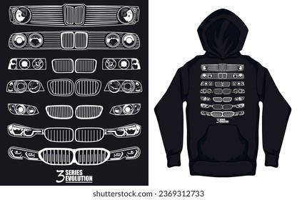 Vector streetwear front grid car silhouette headlights evolution 3 Series print for T-shirt BMW E21, E30, E36, E46, E90, F30, G20.