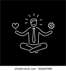 Vector stress management skills icon with meditating businessman balancing work and personal life | modern flat design soft skills linear illustration and infographic on orange background