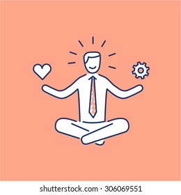 Vector Stress Management Skills Icon With Meditating Businessman Balancing Work And Personal Life | Modern Flat Design Soft Skills Linear Illustration And Infographic On Orange Background