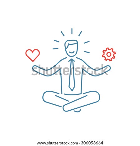 Vector stress management skills icon with meditating businessman balancing work and personal life | modern flat design soft skills linear illustration and infographic red and blue on white background