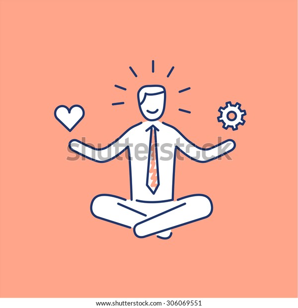 仕事と私生活のバランスを考えるビジネスマンを描いたベクター画像のストレス管理スキルアイコンオレンジの背景に|モダンフラットデザインのソフトスキルのリニアイラストとインフォグラフィック