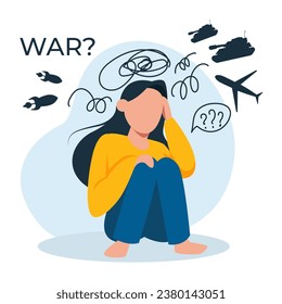 Vector of a stressed anxious young woman from a war zone 