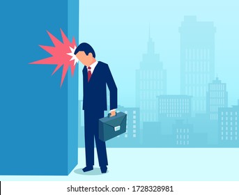 Vector of a stressed business man banging his head in frustration against a wall