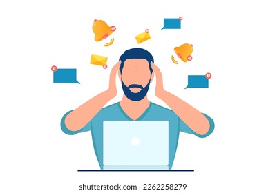 Vector of a stressed man, employee annoyed by multiple notifications, online messages, emails sitting in the office at desk with computer 