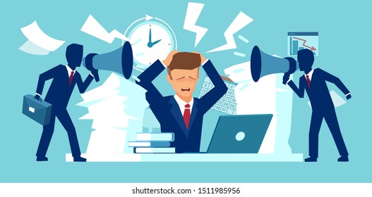 Vector of a stressed man employee being pressured by boss about approaching deadline.