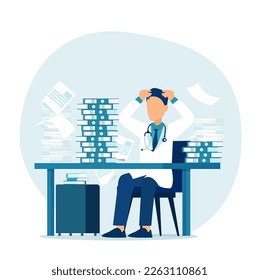 Vector of a stressed overworked male doctor sitting at a desk in his office 