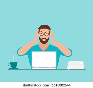 Vector of a stressed young man working on a laptop computer 