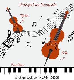 vector string instruments violin piano cello with musical notation melody illustration