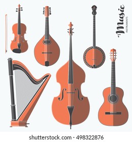 Vector string music instruments. Stylized geometric flat illustration musical kit for icon, banner, poster, flyer design. Violin, Contrabass, mandolin, guitar, banjo and harp illustration set. 