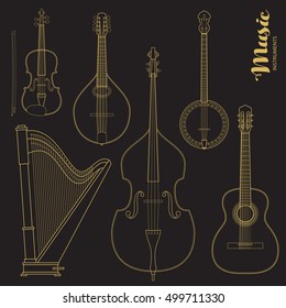 Vector string music instruments. Stylized geometric flat line illustration musical kit for icon, banner, poster, flyer design. Violin, Contrabass, mandolin, guitar, banjo and harp illustration set.