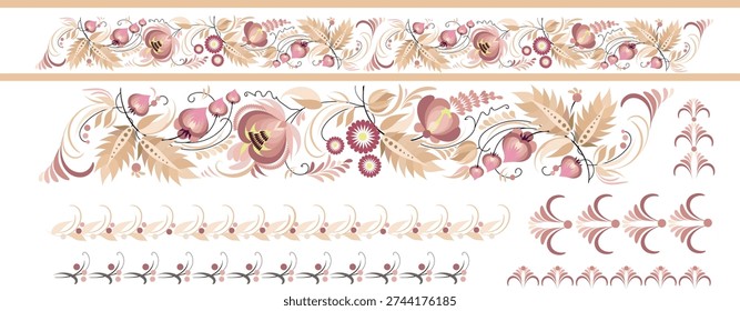 Vector strip ornaments inspired by traditional Ukrainian Petrykivka painting. Decorative floral elements arranged in a horizontal border with a seamless infinite repeat pattern. These ornamental designs are perfect for creating unique and stylish wallpapers, textile prints, and decorative backgrounds. The ornaments can be used in modern ethnic design projects such as greeting cards, packaging, apparel design, tableware, stationery, branding, and surface design. Ideal for adding authentic folk character and elegant cultural aesthetics to contemporary creative work.