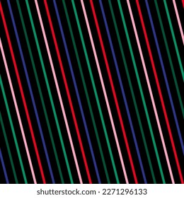 Vector stripe pattern. Simple seamless texture with thin diagonal straight lines, slanted stripes. Stylish abstract geometric striped background design. Pink, red, blue, green strips on black backdrop