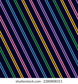 Vector stripe seamless pattern. Simple texture with thin diagonal straight lines. Retro style abstract geometric striped background design. Rainbow stripes, green, yellow, pink, purple, blue strips