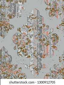 vector stripe; striped with damask seamless pattern 