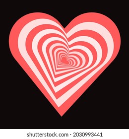 Vector striped 3d illusion heart isolated on dark background. Graphic illustration with love concept, crumpled heart. EPS 10. Easy to use and change colours on each element.