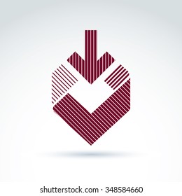 Vector striped abstract design element, simple red geometric symbol with download arrow and checkmark.