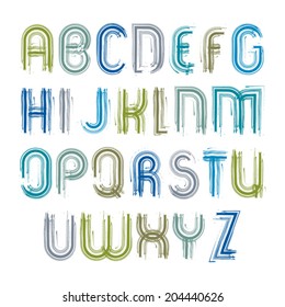 Vector striped acrylic font, handwritten watercolor capital letters isolated on white, unusual light typeface drawn with ink brush.