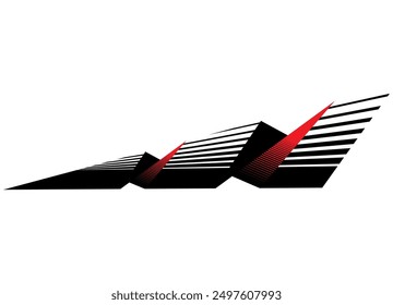 Vector striped arrow, red and black on a white background. Sharp striped pattern. Pointer. Abstract drill. Sports pattern for car body, yacht, sportswear, toys. Racing stripe