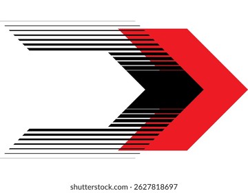 Vector gestreepte pijl. Rood-zwart sportpatroon op een witte achtergrond. Pointer met ruimte voor tekst. Navigatie, richting. Dunne lijnen