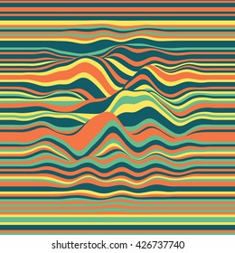 Vector striped background. Abstract color waves. Sound wave oscillation. Funky curled lines. Elegant wavy texture. Surface distortion. Colorful background.