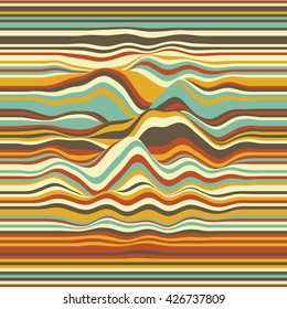 Vector striped background. Abstract color waves. Sound wave oscillation. Funky curled lines. Elegant wavy texture. Surface distortion. Colorful background.
