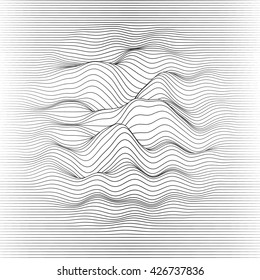 Vector striped background. Abstract line waves. Sound wave oscillation. Funky curled lines. Elegant wavy texture. Surface distortion. 