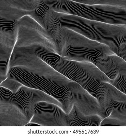 Vector striped background. Abstract line waves. Sound wave oscillation. Funky curled lines. Elegant wavy texture. Surface distortion. Black and white.