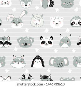 Vector Striped Background for Kids with Cute Wild Animals and Pets. Seamless Childish Pattern with Doodle Cartoon Kawaii Animal Faces and Stars. Scandinavian Print Design Texture Wallpaper