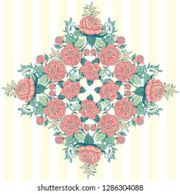 Vector striped background. Square pattern of a bouquet french roses