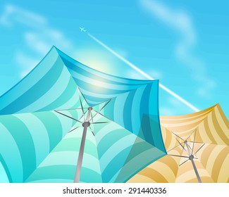 Vector striped beach umbrellas on a background of a flying airplane
