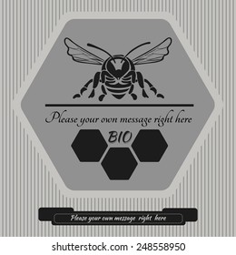 Vector, striped black-and-white logo in the form of a hexagon, which is depicted flying bee under a black stripe advertising text and illustrated honeycomb with letters BIO, below the emblem black