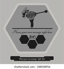 Vector, striped black-and-white logo in the form of a hexagon, which is depicted sitting on a bucket for bee honey, black strip under the advertising text and illustrated honeycomb with letters BIO