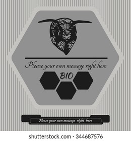 Vector, striped black-and-white logo in the form of a hexagon, which depicted sitting bee on a flower, a black stripe advertising text and illustrated honeycomb with letters BIO, below the emblem
