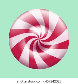 Vector striped candy isolated on cyan background. Sweet round lollipop icon.