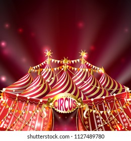 Vector striped circus tent with golden flags, stars and illuminated signboard on red background in shining rays. Empty marquee for performances with open entrance. Template for ad banner, poster