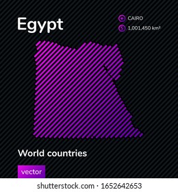 Vector striped  flat map of Egypt in violet colors on the black background. Educational banner