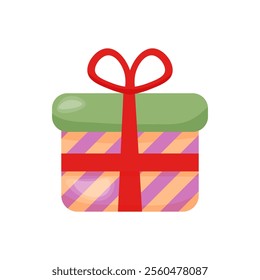 Vector striped gift box with red bow. Stock isolated clipart on a white background. For flyer, sticker, card, logo, symbol. 