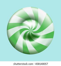 Vector striped green candy isolated on cyan background. Sweet round lollipop icon.