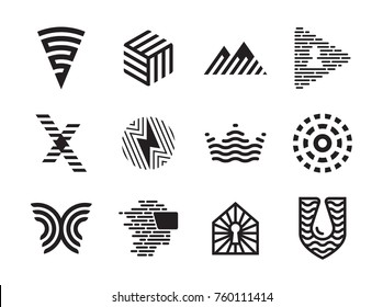 Vector striped  logo design set. Abstract shape icon and sign illustration on background. Stripe geometric elements of person, head, butterfly, crown, mountain, x, water drop, house, cube, sun, flash