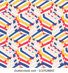 Vector Striped Pattern With Geometric Motif. Bold Sporty Geometric Print With Colorful Stripes For Sport Fashion And Sportswear. Seamless Background With Lines And Abstract Round Shapes And Stripes