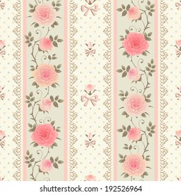 Vector striped polka dot pattern with climbing roses, laces and bows. Seamless floral background.