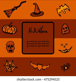 Vector striped Postcard on Halloween. Images hats, pumpkins, spider webs, broom, etc . October Festival. There is a place for your text. It can be used for packaging, invitations, greeting cards, etc.