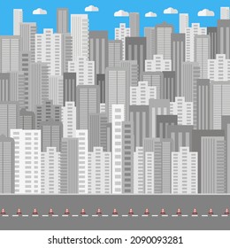 Vector Striped Red Traffic Cone Icon Isolated on City Background. Architectural Building in Panoramic View. Urban Landscape and City Life. Flat Design. Street and Road.