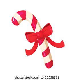 Vector striped red and white christmas candy cane with big red bow.