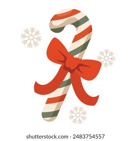 Vector striped red and white christmas candy cane with big red bow.	